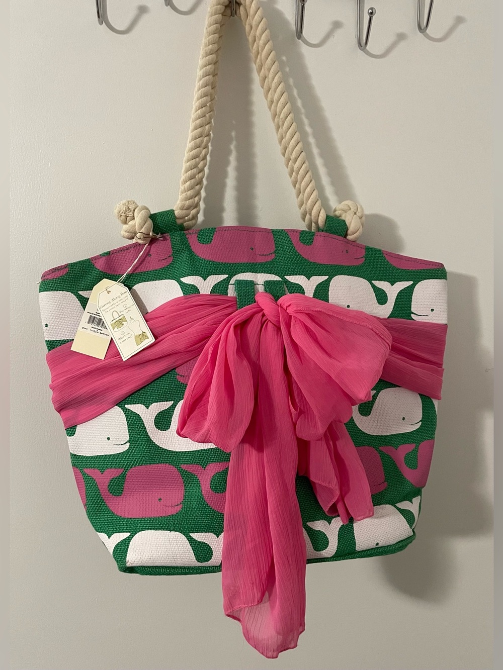 Mud Pie Green Tote with Pink Whale Print and Pink Sarong